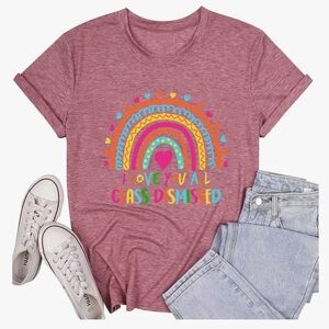Women's Casual Rainbow Graphic Tee - Pink